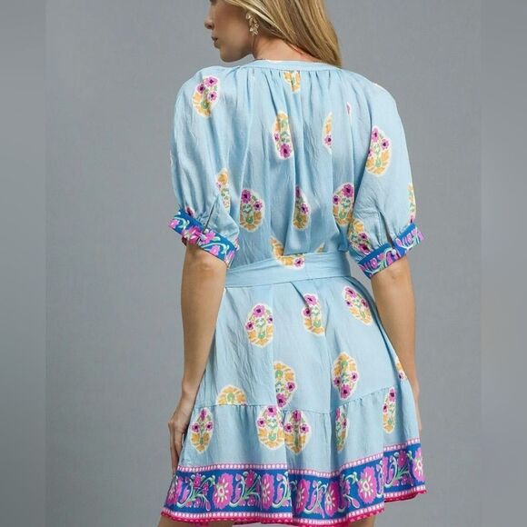 UMGEE USA Floral Print Tie Waist Short Sleeve Dress Blue Dress sz Small - Picture 4 of 8